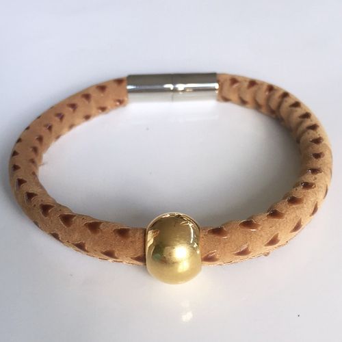 Leder-Armband braun mit Edelstahl Perle gold